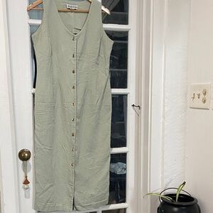 Vintage Linen Sage Button-Down Midi Dress Sz 8